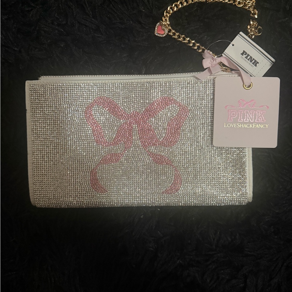 LoveShackFancy Silver Rhinestone Wristlet with Pink Bow Detail